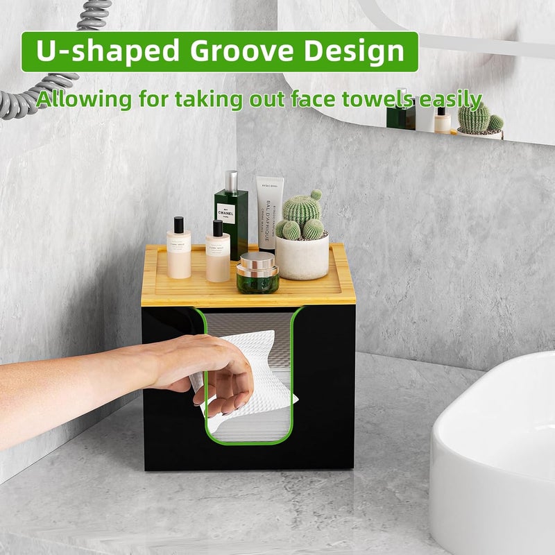 VITVITI Disposable Face Towel Holder Box, Acrylic Facial Towel Container for XL Clean Skin Club, Large Disposable Face Towels Storage with Bamboo Lid, for Bathroom, Vanity Makeup, Black - Image 2